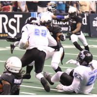 Nathan Lindsey of the Arizona Rattlers prepares to make a tackle against the Cedar Rapids Titans