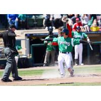 Stuart Fairchild of the Dayton Dragons agrees with the umpire as he crosses the plate