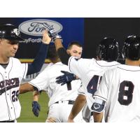 Justin Pacchioli and the Somerset Patriots celebrate a walk-off win