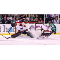 Tucson Roadrunners Goaltender Adin Hill defends the net vs. the Texas Stars