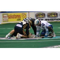 Joel Coyle of the Georgia Swarm faces off with Jake Withers of the Rochester Knighthawks