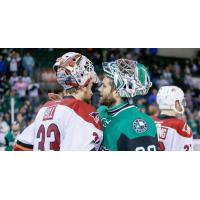 Goaltenders Adin Hill of the Tucson Roadrunners and Mike McKenna of the Texas Stars