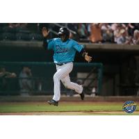 Welfrin Mateo of the Charleston RiverDogs scores the tying run