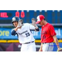 Nick Plaia of the Victoria HarbourCats gets jiggy at second