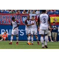 Ottawa Fury FC forward Carl Haworth receives congratulations after an Ottawa goal