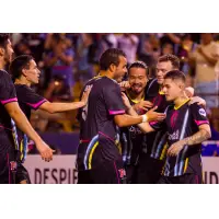 Las Vegas Lights FC players celebrate a second half goal by Raul Mendiola (far right)
