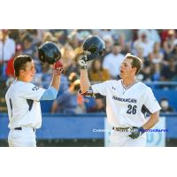 Hunter Vansau (right) is congratulated by Victoria HarbourCats teammate Ryan Ober