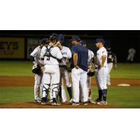 Tri-City Dust Devils huddle on the mound