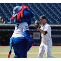 Tampa Tarpons mascot Blue and pitcher Hobie Harris