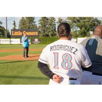 St. Cloud Rox manager Augie Rodriguez during the national anthem