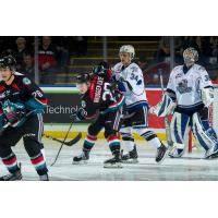 Kelowna Rockets battle for position in front of the Victoria Royals net