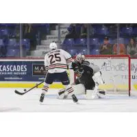 Vancouver Giants goaltender David Tendeck turns away the Kamloops Blazers