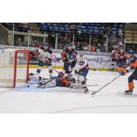Cole Perfetti of the Saginaw Spirit scores against the Flint Firebirds