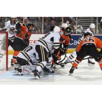Lehigh Valley Phantoms scramble in front of the Hershey Bears net