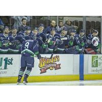 Maine Mariners forward Drew Melanson receives congratulations from his bench