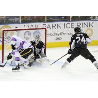 San Antonio Rampage goaltender Jordan Binnington stops the Stockton Heat