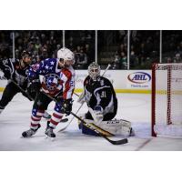 San Antonio Rampage goaltender Jordan Binnington turns aside a shot from Travis Morin of the Texas Stars