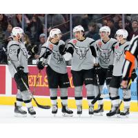 Jordan Nolan of the San Antonio Rampage celebrates one of his two goals against the Manitoba Moose