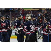 Justin Levac congratulates Macon Mayhem goaltender Jordan Ruby after Macon's shutout win