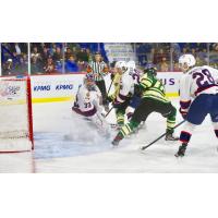 Justin Sourdif of the Vancouver Giants scores against the Regina Pats