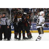 Cleveland Monsters celebrate a goal vs. the Hershey Bears