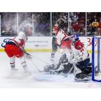 Allen Americans goaltender Jeremy Brodeur stands strong in a spray of ice