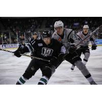 Niko Mikkola of the San Antonio Rampage battles Joel L'Esperance of the Texas Stars for a loose puck