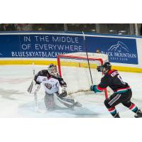 Vancouver Giants goaltender Trent Miner stops a Kelowna Rockets' shot