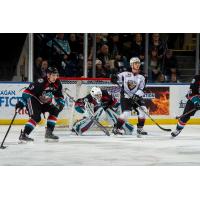 Vancouver Giants C Milos Roman sets up in front of the Kelowna Rockets net