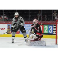 Chris Thorburn of the San Antonio Rampage looks for a rebound in front of Grand Rapids Griffins goaltender Patrik Rybar