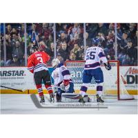 Ben Jones of the Niagara IceDogs celebrates a third-period goal against the Saginaw Spirit