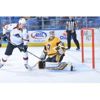 Cleveland Monsters LW Paul Bittner tests Wilkes-Barre/Scranton Penguins goaltender John Muse