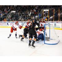Allen Americans and Kansas City Mavericks battle in front of the Allen net