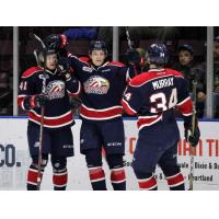 Saginaw Spirit celebrate a goal against the Mississauga Steelheads