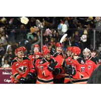 Calgary Hitmen and Kaden celebrate Elder's Teddy Bear Goal