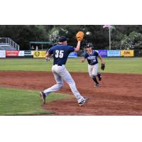 San Rafael Pacifics pitcher Jared Koenig awaits the throw