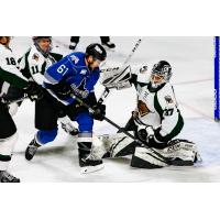Utah Grizzlies goaltender Kevin Carr stops the Idaho Steelheads