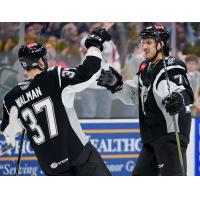 Jake Walman and Jordan Nolan of the San Antonio Rampage celebrate Nolan's first goal of the night