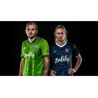 Sounders FC forward Jordan Morris and Reign FC Forward/Midfielder Beverly Yanez in Zulily-sponsored kits