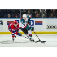 Kelowna Rockets defenceman Lassi Thomson handles the puck against the Spokane Chiefs