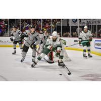 Niko Mikkola of the San Antonio Rampage defends against the Iowa Wild's Mitch McLain