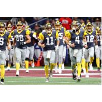 QB Mike Bercovici (11) leads the San Diego Fleet onto the field for its first game