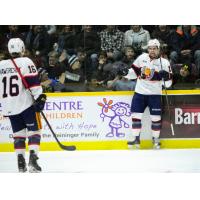 Jason Willms of the Barre Colts celebrates his overtime game-winner against the Sudbury Wolves