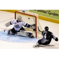 Bowen Byram of the Vancovuer Giants scores the game-winner against the Victoria Royals