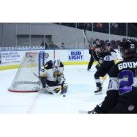 Norfolk Admirals goaltender Ty Reichenbach stops a shot against the onrushing Reading Royals