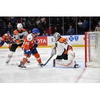 Lehigh Valley Phantoms goaltender Alex Lyon faces the Syracuse Crunch