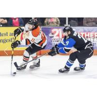 Defenseman Gabriel Verpaelst (right) with the Wichita Thunder