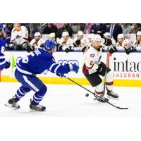 Cleveland Monsters defenseman Adam Clendening (right) against the Toronto Marlies