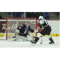 Vancouver Giants centre Dawson Holt eyes the goal against the Kamloops Blazers