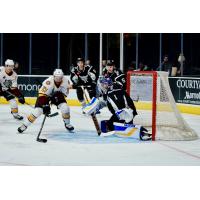 San Antonio Rampage goaltender Jared Coreau makes a stop on the Chicago Wolves' Brooks Macek